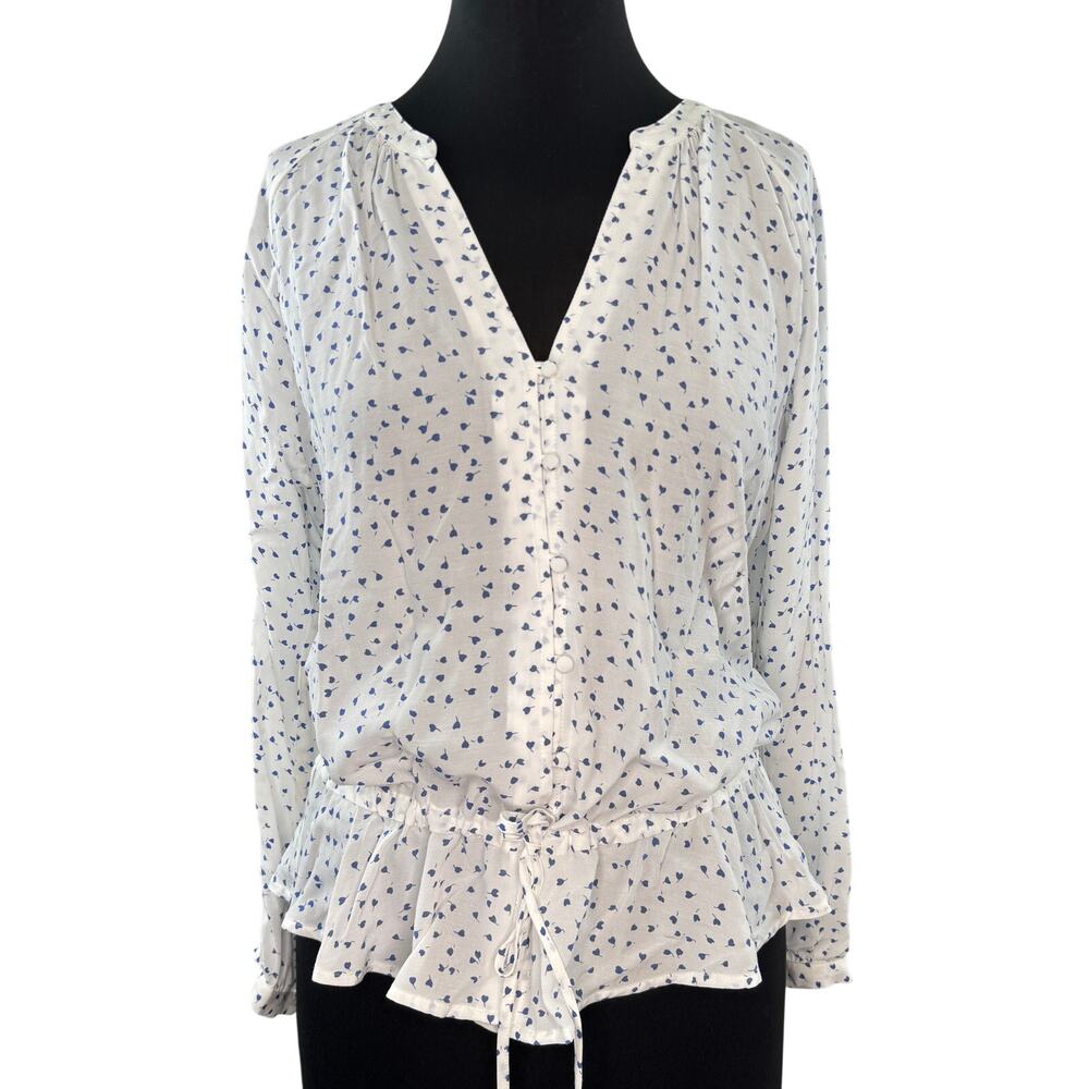 RAILS White Whisteria Blue Peplum Marti Blouse Hearts Ruffle Raglan Medium M